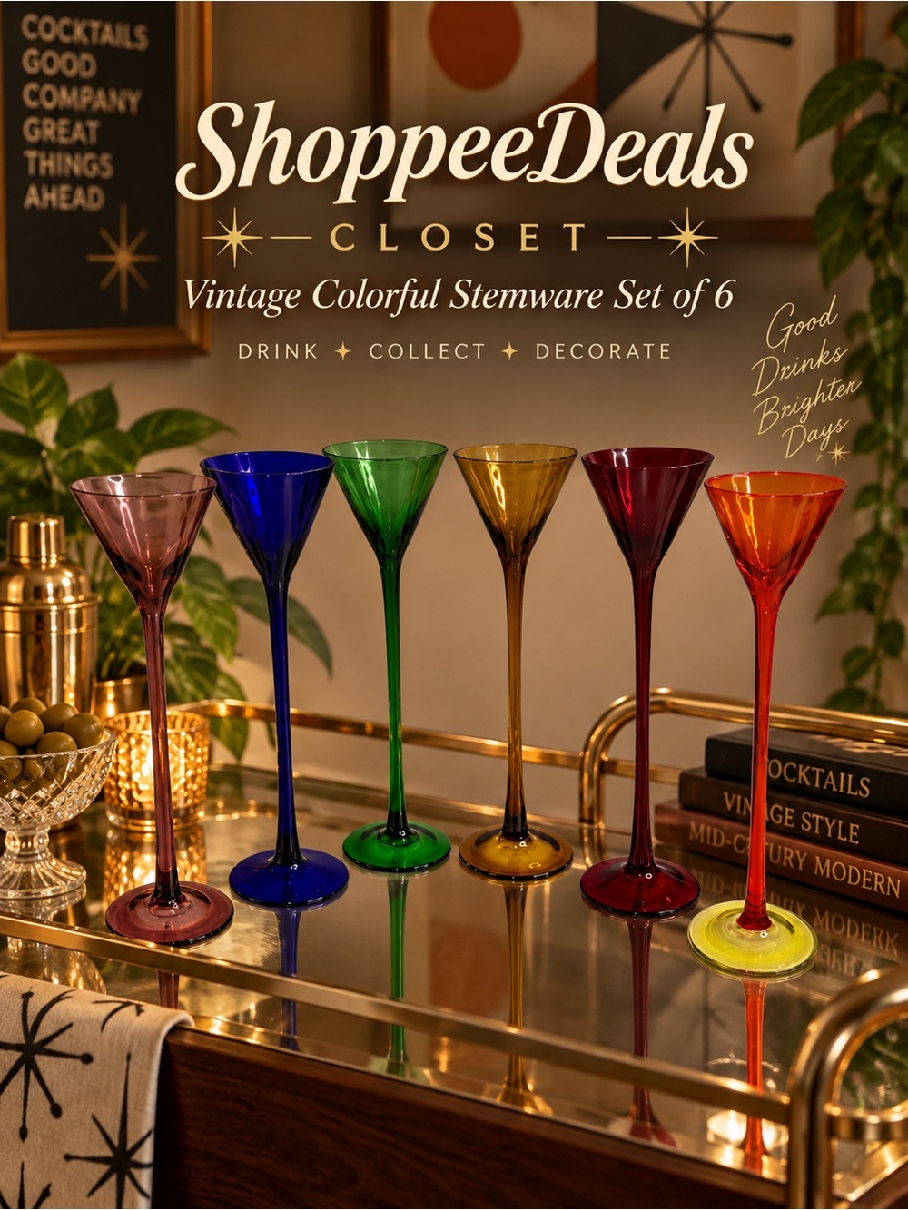 Vintage Colorful Cordial Stemware Glasses 10” Tall Set of 6